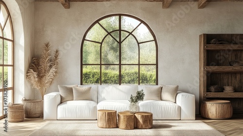 White sofa in boho style room with arched window and stucco walls Rustic interior design of modern living room