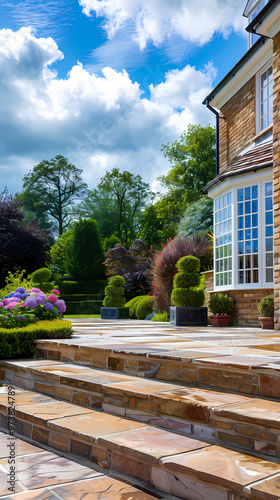 Hard landscaping, new luxury stone patio and garden of an English home