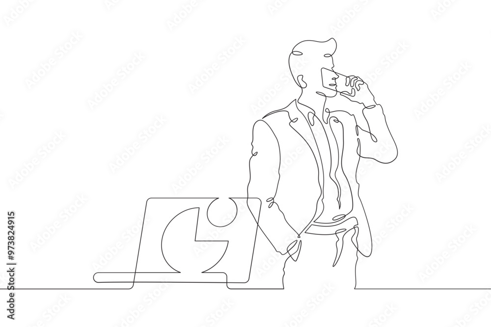 Continuous one line drawing businessman talking on the phone. Man working with laptop. Working on computer. Negotiations. One continuous line isolated minimal illustration. Continuous one line drawing businessman talking on the phone. Man working with laptop. Working on computer. Negotiations. One continuous line isolated minimal illustration.