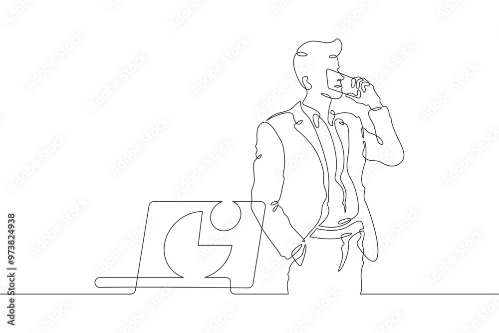 Continuous one line drawing businessman talking on the phone. Man working with laptop. Working on computer. Negotiations. One continuous line isolated minimal illustration.