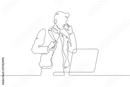 Continuous one line drawing businessman talking on the phone. Man working with laptop. Working on computer. Negotiations. One continuous line isolated minimal illustration.