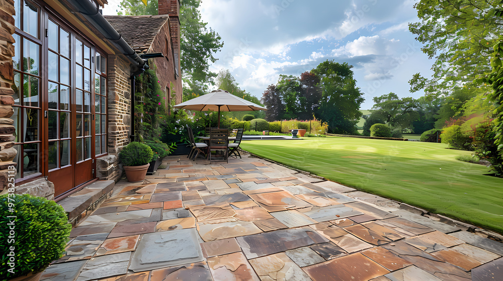 Hard landscaping, new luxury stone patio and garden of an English home Hard landscaping, new luxury stone patio and garden of an English home