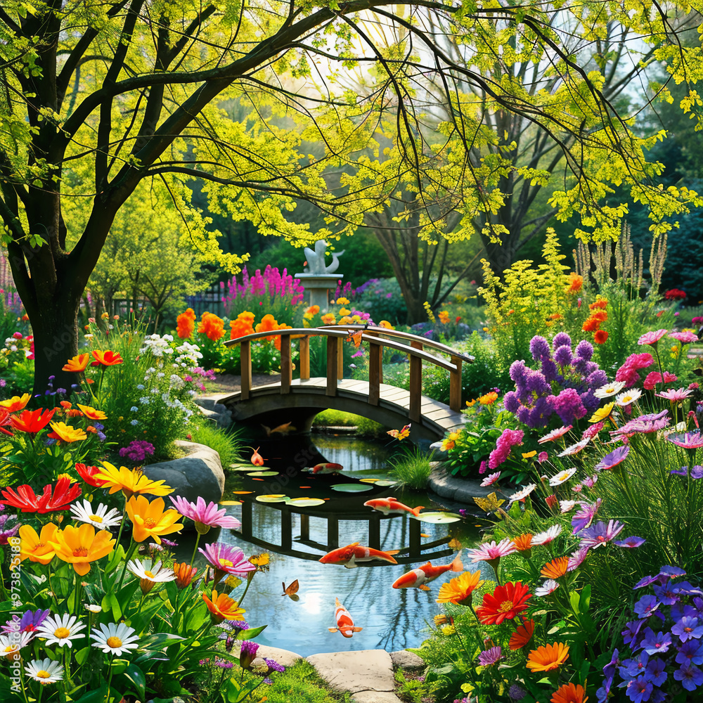 Obraz premium Colorful Flowers Surrounding a Pond in a Spring Garden
