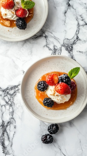 Two small plates with whipped cream, blackberries, strawberries, and a drizzle of apricot jam on a marble background.