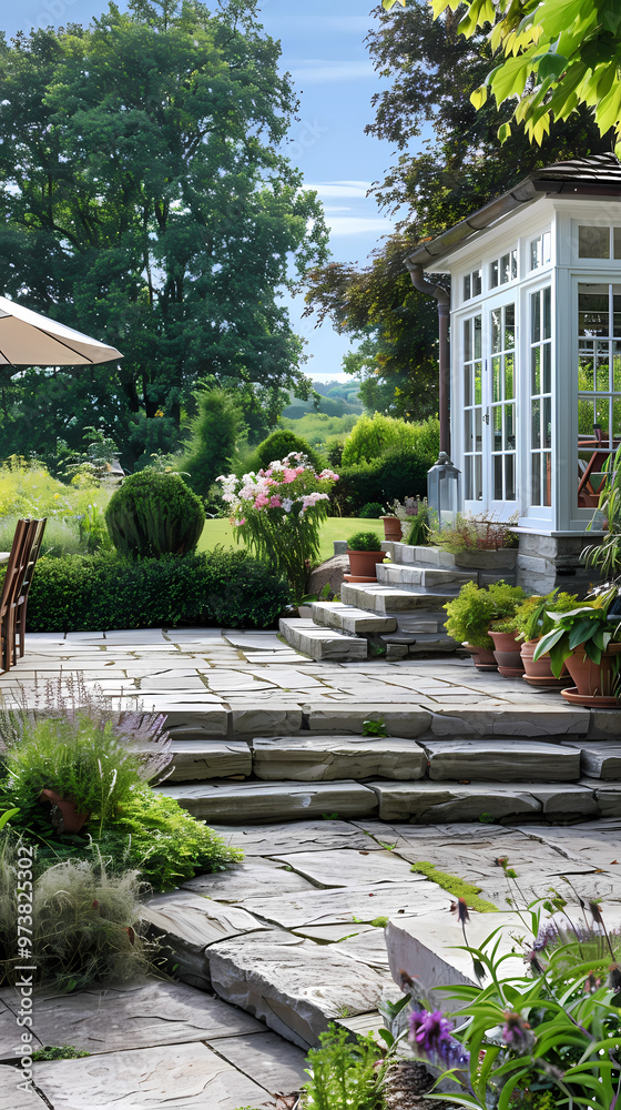 Obraz premium Hard landscaping, new luxury stone patio and garden of an English home
