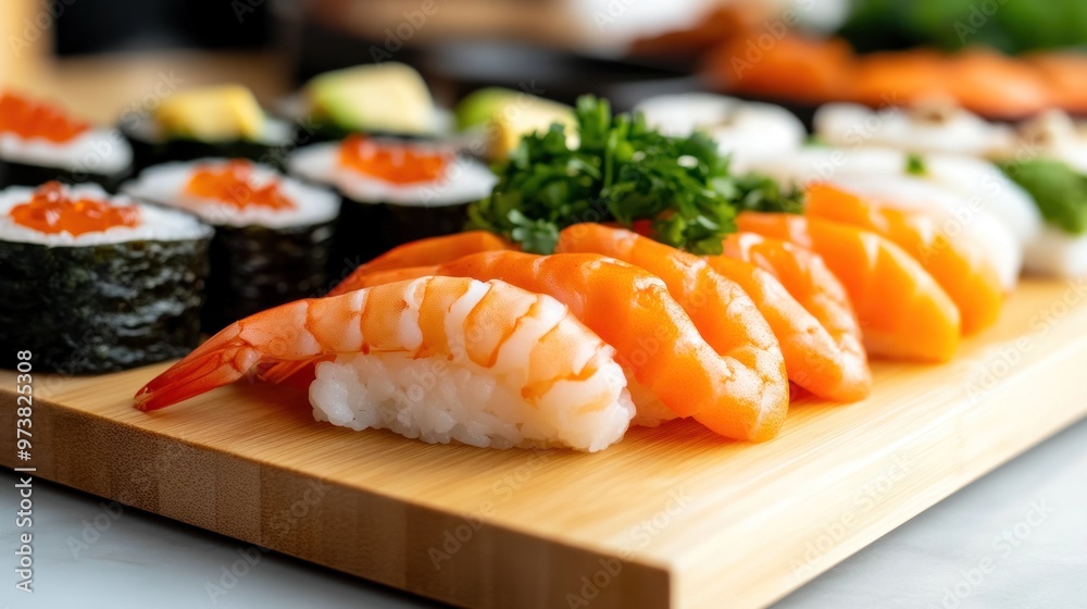 Seafood buffet spread with various dishes including salmon sushi. Seafood buffet spread with various dishes including salmon sushi.