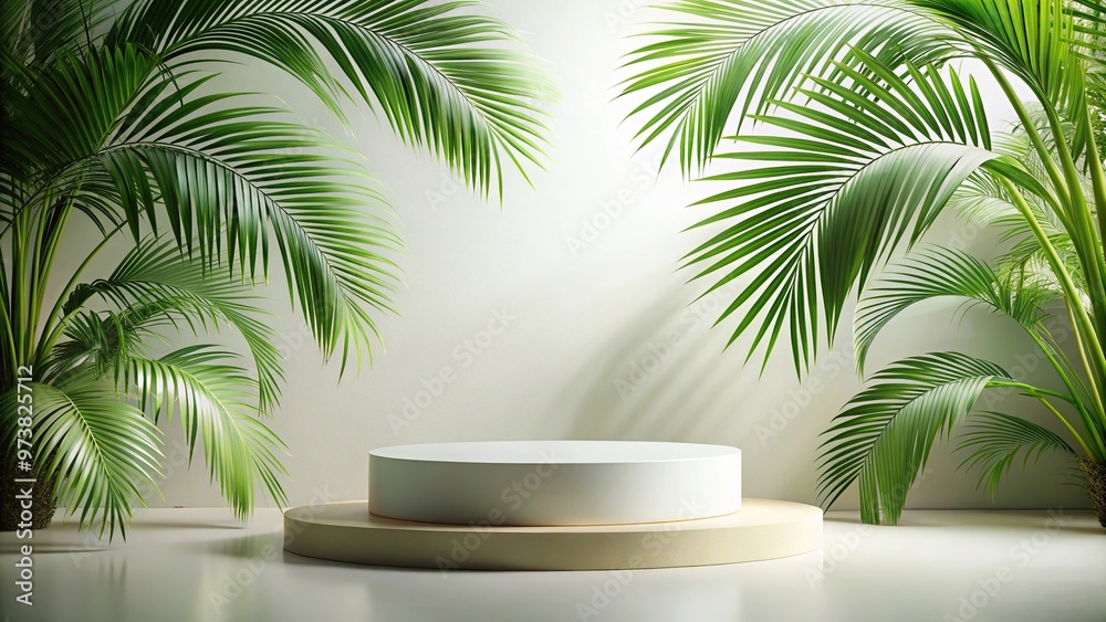 Depth of field abstract scene with podium and palm leaves mock up Depth of field abstract scene with podium and palm leaves mock up