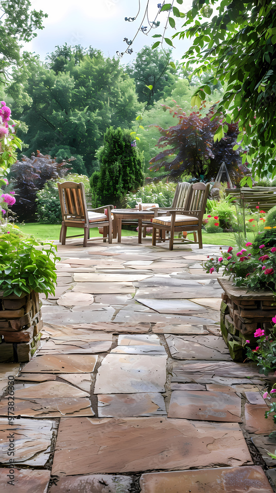 Fototapeta premium Hard landscaping, new luxury stone patio and garden of an English home