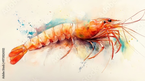 Wallpaper Mural A shrimp illustrated in watercolor style, with fluid brushstrokes and gentle blending of hues. Torontodigital.ca