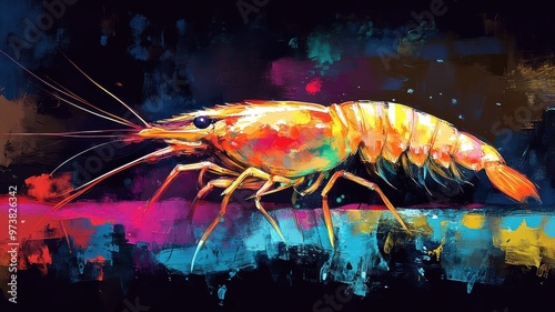 Wallpaper Mural A shrimp illustrated in Abstract Expressionism style, with bold, energetic strokes and vibrant, contrasting colors. Torontodigital.ca