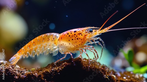 A shrimp with a detailed textured pattern, emphasizing its unique shell and natural features.