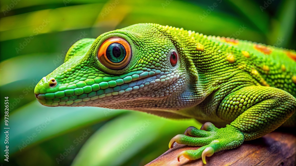 A tiny but vibrant green gecko boasts a striking appearance, its spiky scales and prehensile tail a testament A tiny but vibrant green gecko boasts a striking appearance, its spiky scales and prehensile tail a testament