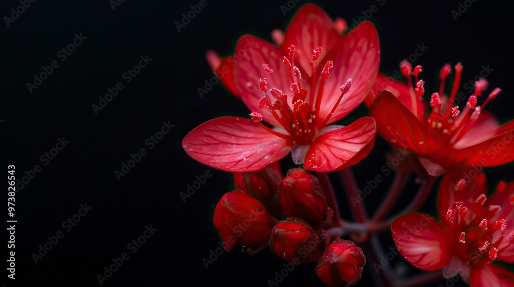 Red flowers of the Crown of Christ plant provided with stamens with forked anthers, form a beautiful natural design with a black background Red flowers of the Crown of Christ plant provided with stamens with forked anthers, form a beautiful natural design with a black background