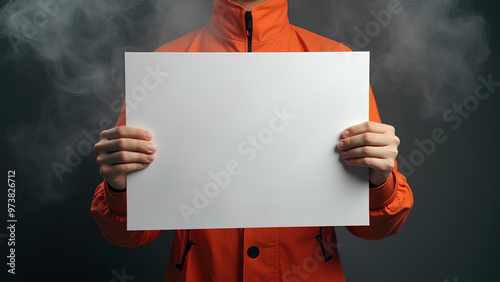 A vibrant orange jumpsuit partially visible showcasing only a fragment of the upper torso takes center stage in the composition The main attraction is a stark blank white sign grasped firmly