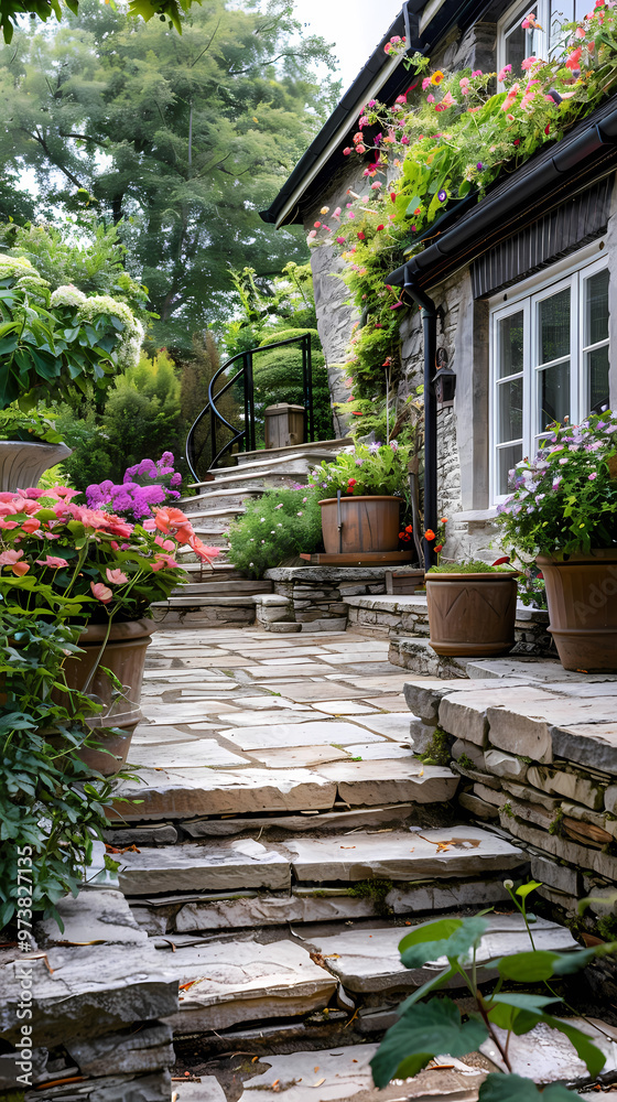 Obraz premium Hard landscaping, new luxury stone patio and garden of an English home