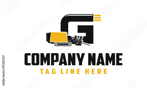 Letter G Machine Fiber Optic underground horizontal drilling laying machine logo design excavator heavy equipment . logo desain .