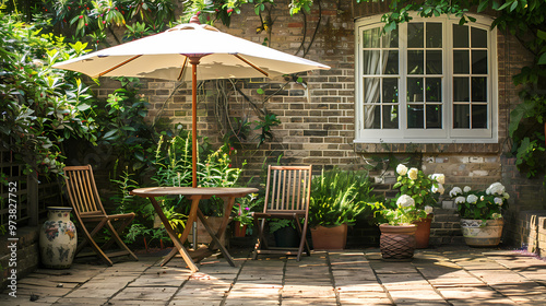 London garden in summer with patio, wooden garden furniture and a parasol or sun umbrella