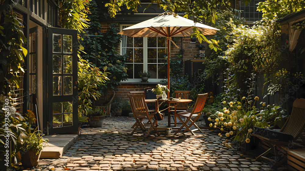 Obraz premium London garden in summer with patio, wooden garden furniture and a parasol or sun umbrella