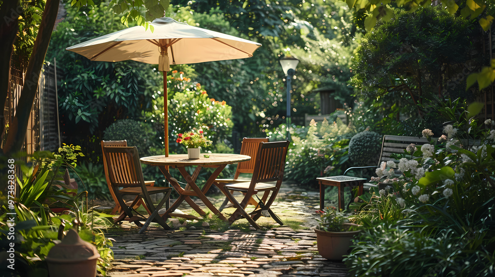 London garden in summer with patio, wooden garden furniture and a parasol or sun umbrella London garden in summer with patio, wooden garden furniture and a parasol or sun umbrella