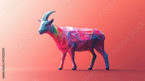 Goat in a stylized 3D illustration, featuring modern geometric shapes and vibrant colors for a contemporary, artistic representation.