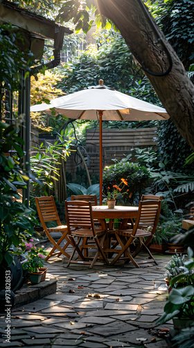 London garden in summer with patio, wooden garden furniture and a parasol or sun umbrella