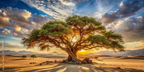 A majestic oud tree with gnarled branches and twisted trunk stands tall in a sun-drenched desert landscape, exuding photo