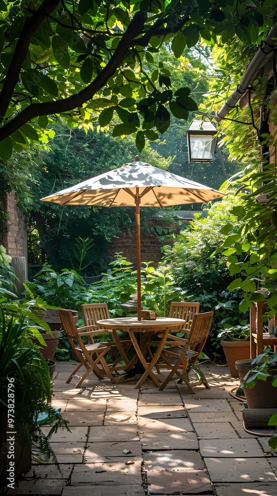 Obraz premium London garden in summer with patio, wooden garden furniture and a parasol or sun umbrella