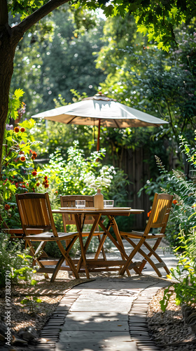 London garden in summer with patio, wooden garden furniture and a parasol or sun umbrella