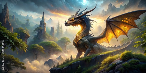 A majestic, scale-covered dragon with piercing golden eyes and outstretched wings perches atop a misty, ancient forest, photo