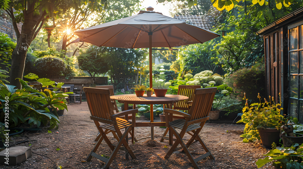 London garden in summer with patio, wooden garden furniture and a parasol or sun umbrella London garden in summer with patio, wooden garden furniture and a parasol or sun umbrella