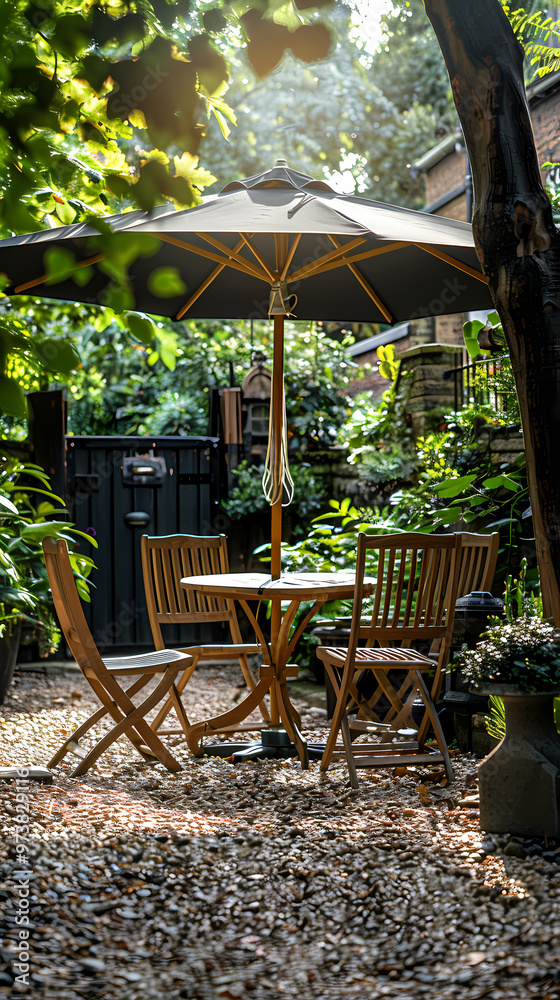 London garden in summer with patio, wooden garden furniture and a parasol or sun umbrella