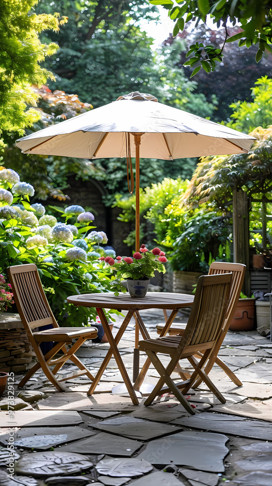 London garden in summer with patio, wooden garden furniture and a parasol or sun umbrella London garden in summer with patio, wooden garden furniture and a parasol or sun umbrella