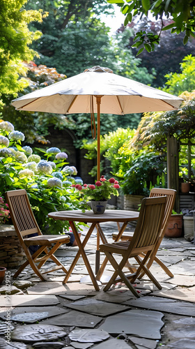 London garden in summer with patio, wooden garden furniture and a parasol or sun umbrella