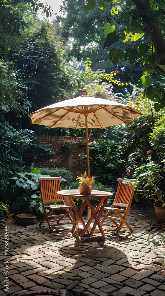 London garden in summer with patio, wooden garden furniture and a parasol or sun umbrella London garden in summer with patio, wooden garden furniture and a parasol or sun umbrella