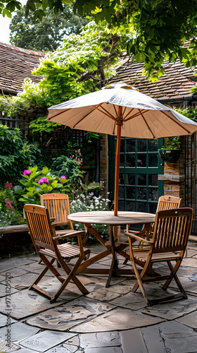 London garden in summer with patio, wooden garden furniture and a parasol or sun umbrella