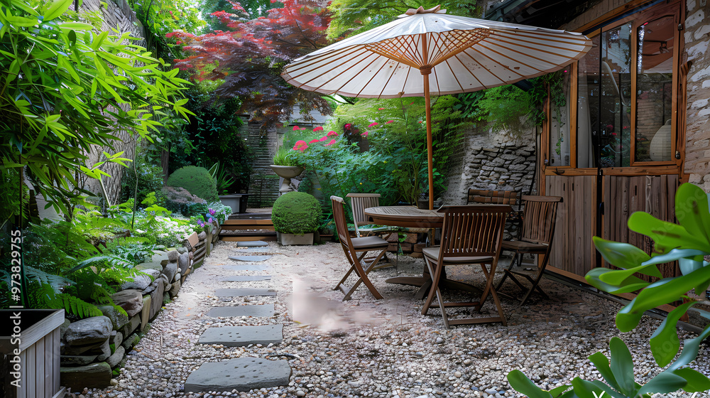 Obraz premium London garden in summer with patio, wooden garden furniture and a parasol or sun umbrella