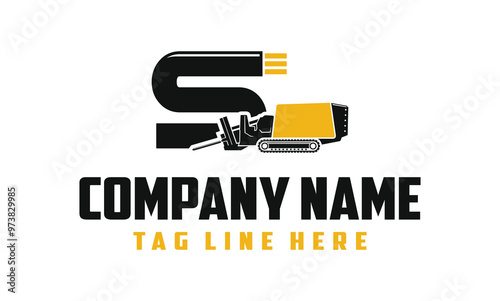 Letter S Machine Fiber Optic underground horizontal drilling laying machine logo design excavator heavy equipment . logo desain .