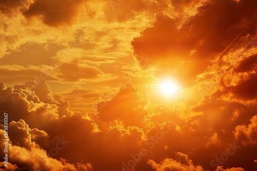 Orange sky with sun and clouds during hot summer weather , ai