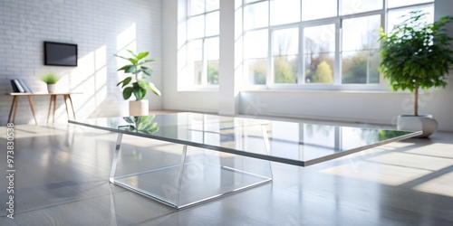 Clear acrylic sheet lies on a white wooden table in a bright, modern studio, reflecting the surrounding space