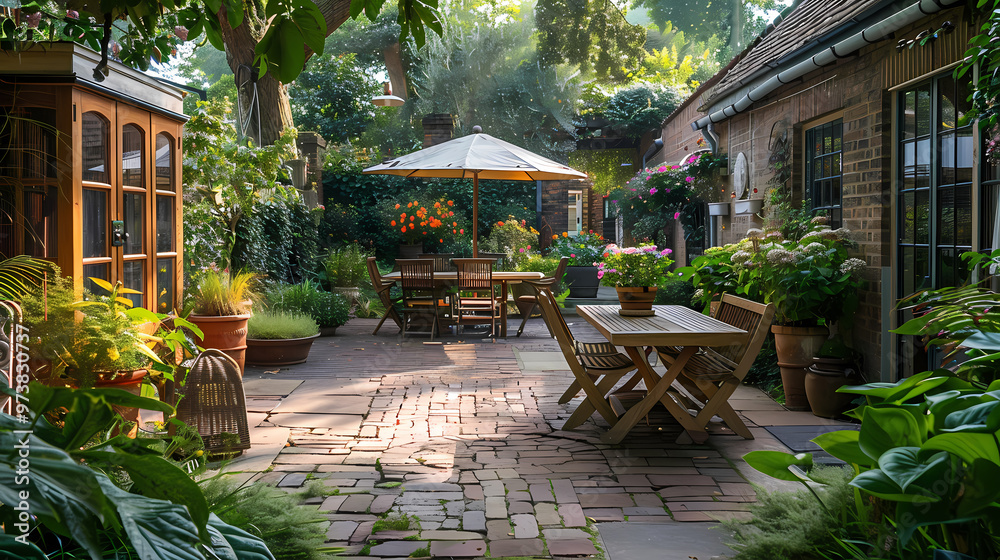 Obraz premium London garden in summer with patio, wooden garden furniture and a parasol or sun umbrella