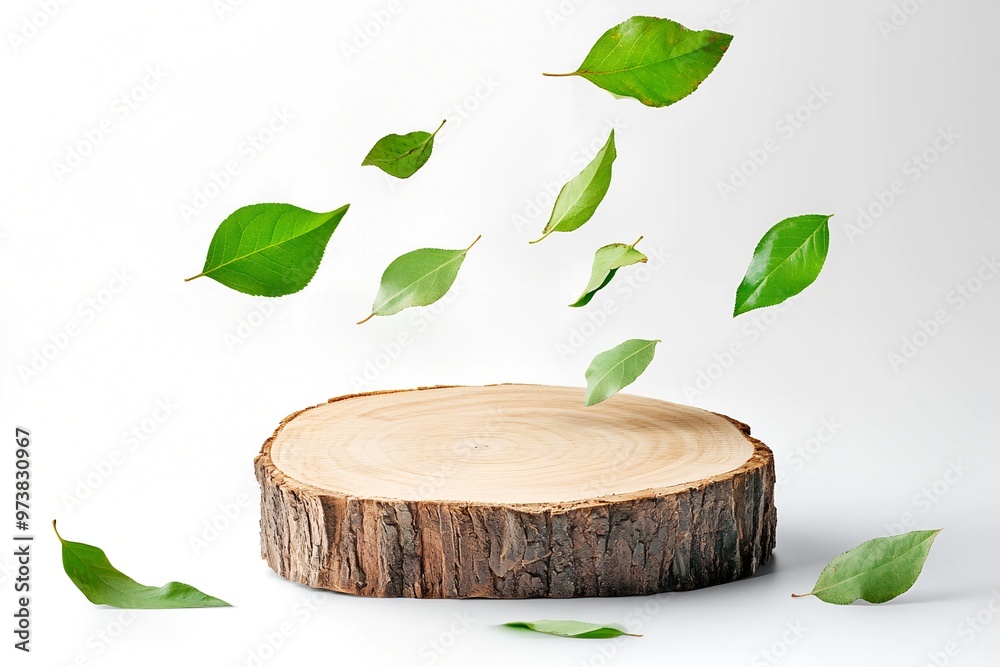 wooden podium with green flying leaves and white background showcases a new product, promotion sale, banner, and presentation in a studio with an empty wooden stand. wooden podium with green flying leaves and white background showcases a new product, promotion sale, banner, and presentation in a studio with an empty wooden stand.