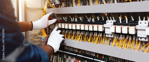 Electrical and electricity service technician checking electric current voltage at circuit breaker terminal and cable wiring in main power distribution board panel for safety maintenance system. photo