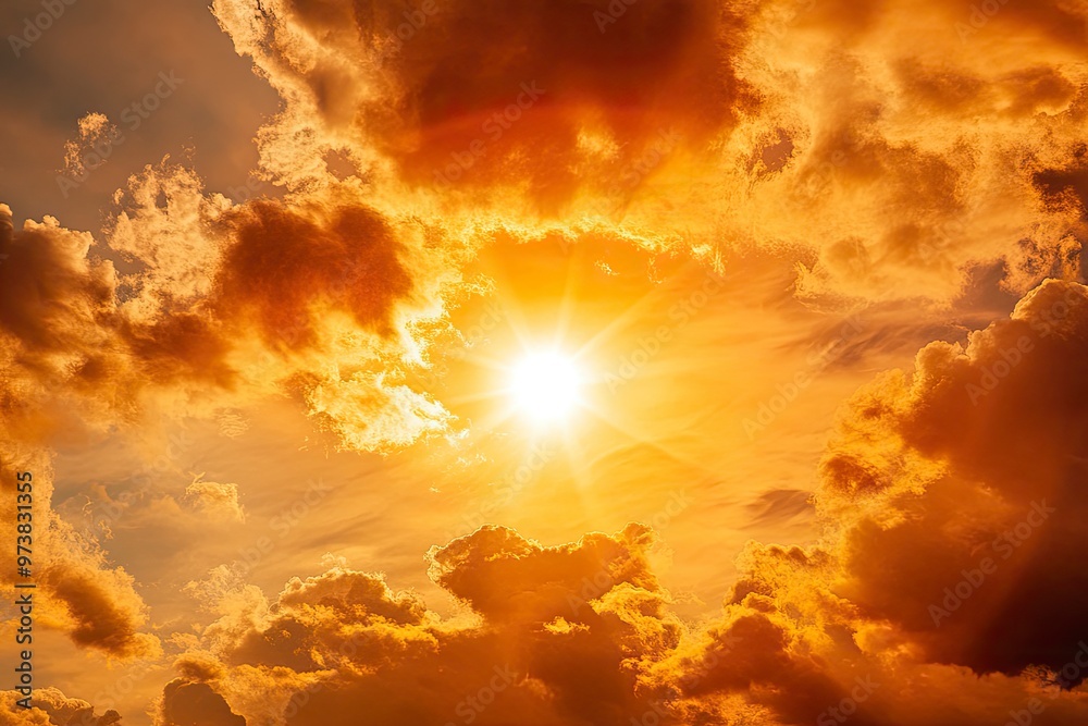 Orange sky with sun and clouds during hot summer weather, ai Orange sky with sun and clouds during hot summer weather, ai