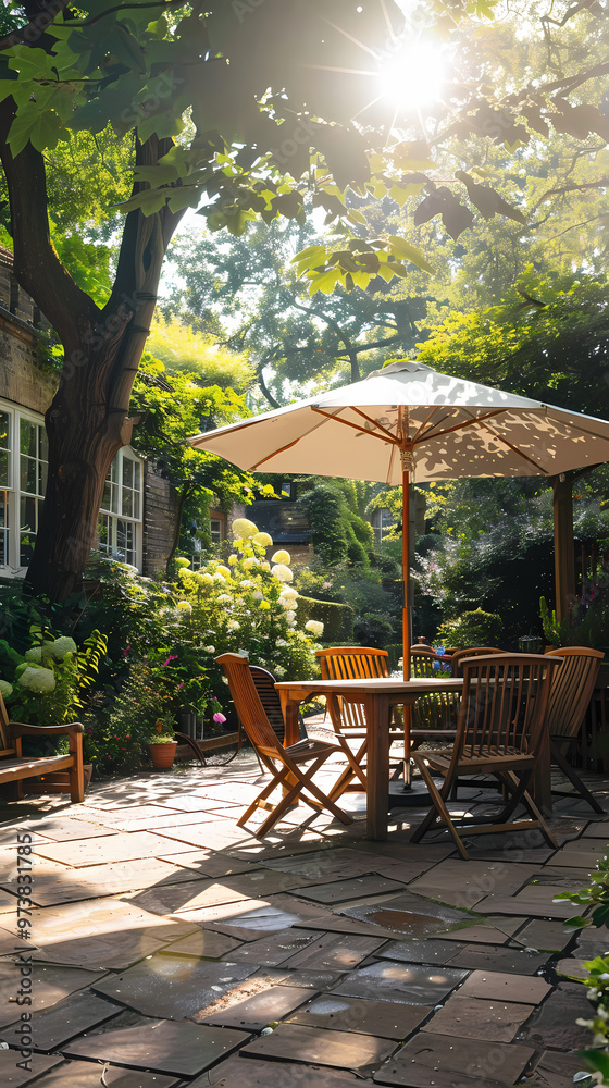 London garden in summer with patio, wooden garden furniture and a parasol or sun umbrella London garden in summer with patio, wooden garden furniture and a parasol or sun umbrella