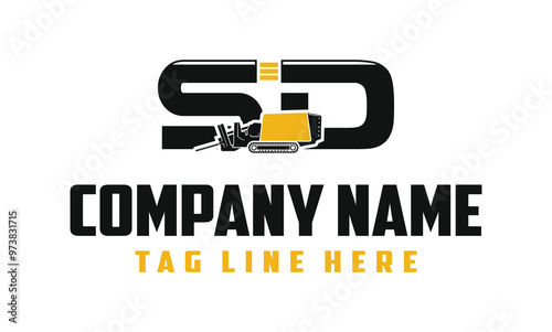 Letter SD Machine Fiber Optic underground horizontal drilling laying machine logo design excavator heavy equipment . logo desain .