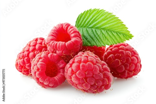 Ripe raspberries with leaf isolated on a white background, ai