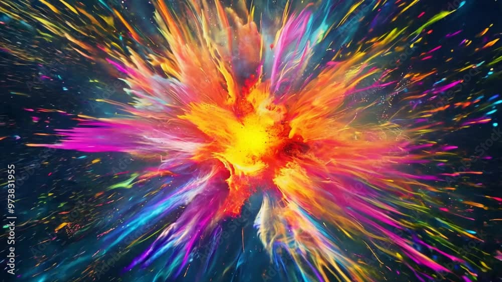 Cosmic Color Burst: A vibrant explosion of color against a deep blue backdrop, this abstract image evokes feelings of energy, creativity, and cosmic wonder.  