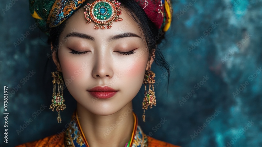 Fototapeta premium Asian woman wearing ethnic accessories, in a portrait that celebrates cultural diversity
