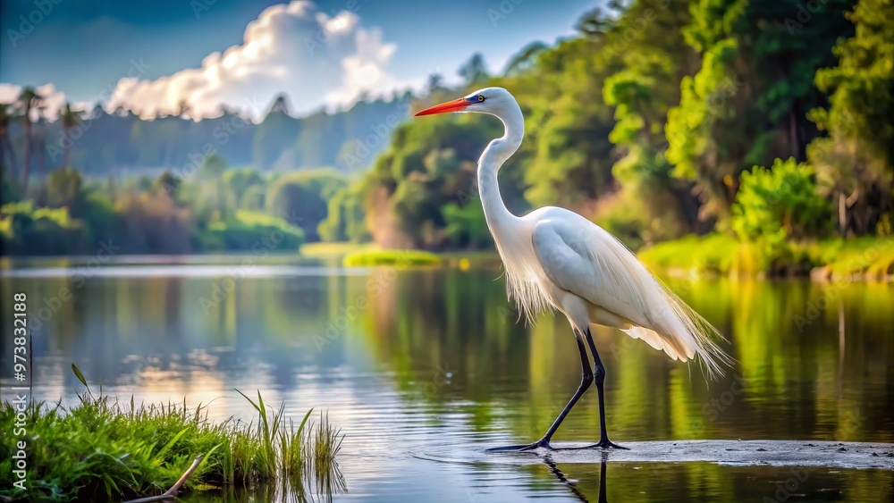 Obraz premium A majestic white bird with black head and neck feathers, waddling near a serene lake shore surrounded by