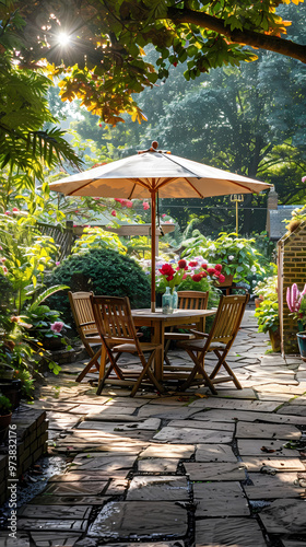 London garden in summer with patio, wooden garden furniture and a parasol or sun umbrella